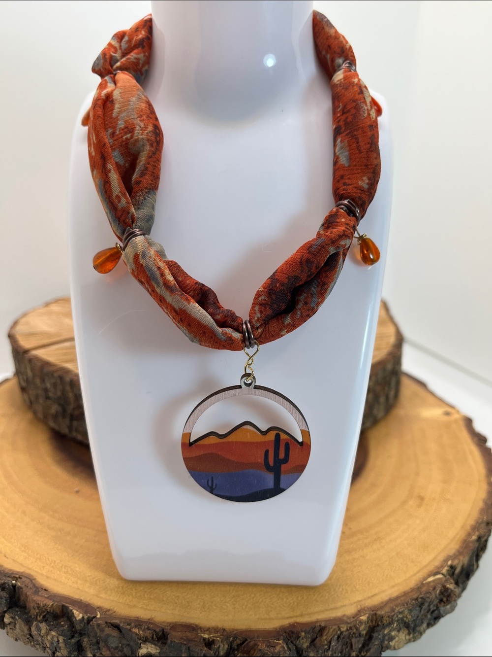 Desert Scene Fabric Necklace - Orange & Blue Pendant
